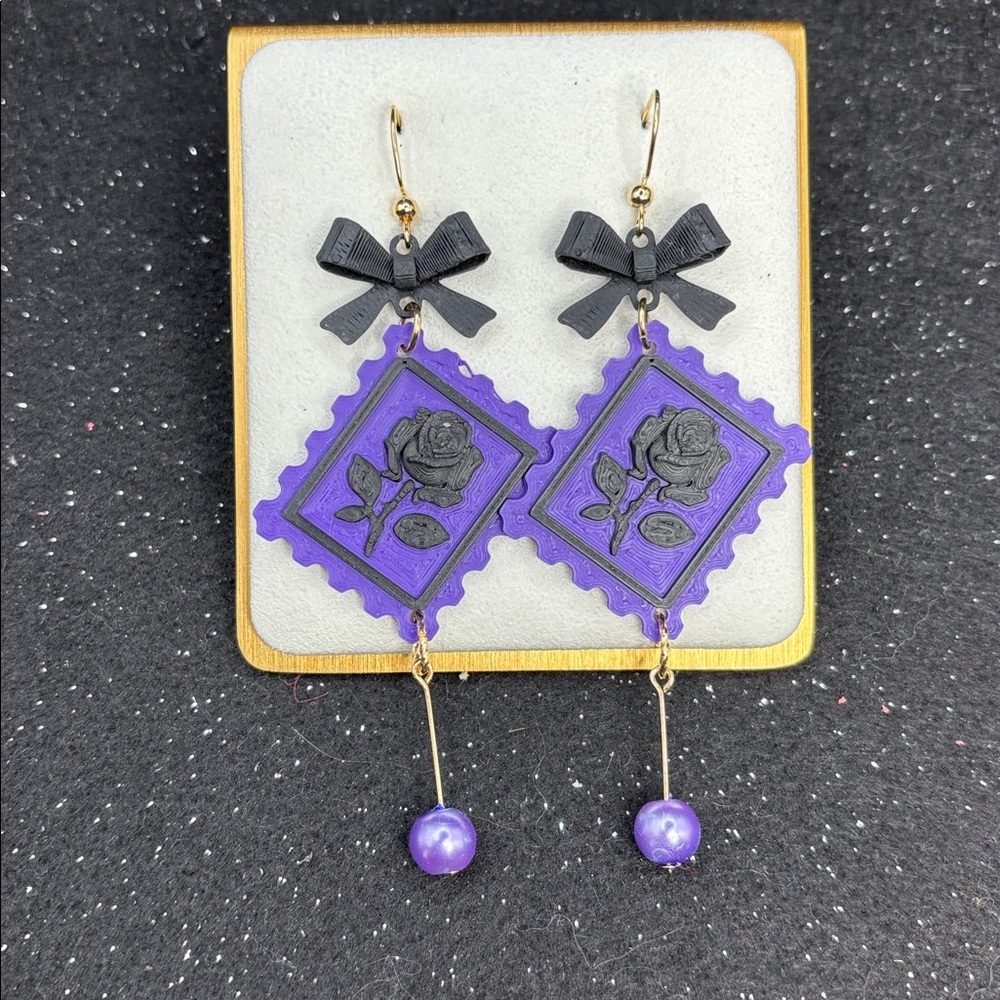 Purple & Black Rose Stamp Earrings with Bow & Pearl Drop - Picture 4 of 4